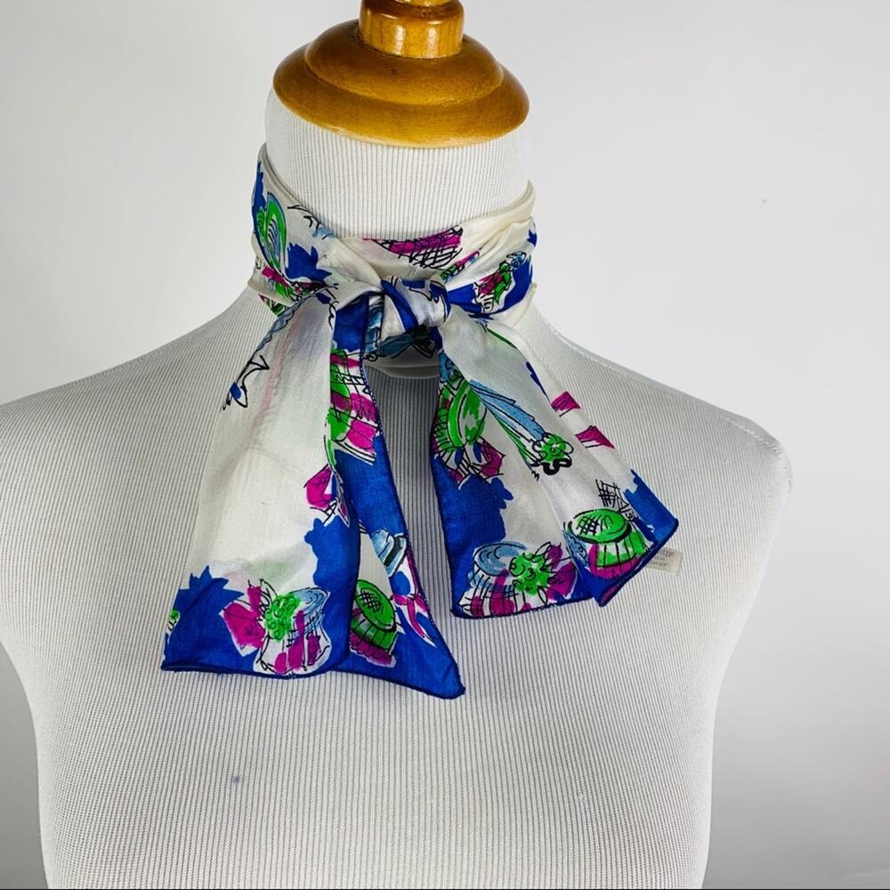 Vintage Silk Bright Blue Pink Fashion Print Long